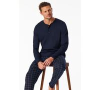 Schlafanzug lang Interlock Bündchen Knopfleiste nachtblau kariert - Fine Interlock 58