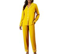 Schlafanzug Lang Knöpfe Damen Bambus Viskose Knopfleiste Pyjama Set Bequeme Nachtwäsche Hausanzug Zweiteiliger Nachthemd Satin Set Nachthemd Stillen Langarm S-XXL