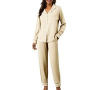 Schlafanzug Lang Knöpfe Damen Bambus Viskose Knopfleiste Pyjama Set Bequeme Nachtwäsche Hausanzug Zweiteiliger Nachthemd Satin Set Nachthemd Stillen Langarm S-XXL