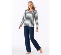 Schlafanzug SCHIESSER "Casual Essentials", Damen, Gr. 50, blau (114, weiß), Single Jersey, Obermaterial: 100% Baumwolle, bequem lang, V-Ausschnitt, Homewear-Sets Schlafanzug, Baumwolle, V-Ausschnitt, 