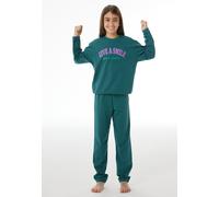 Schlafanzug lang Sweatware Bündchen tiefseegrün - Nightwear 140