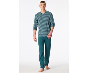 Schlafanzug lang V-Ausschnitt Ringel grün - Long Life Soft 52