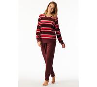 Schlafanzug lang Velour Bündchen Ringel burgund - Comfort Nightwear 48