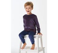 Schlafanzug lang Velour Bündchen Streifen dunkelblau - Boys World 116