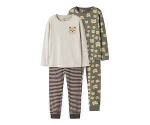 Schlafanzug NAME IT "NMMNIGHTSET 2P AOP NOOS", Jungen, Gr. 110/116, braun (dusty olive), Jersey, Obermaterial: 95% Baumwolle, 5% Elasthan, bedruckt, geringelt, gestreift, unifarben, Basic lang, Rundha
