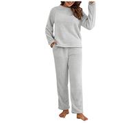 Schlafanzug Pyjama,Damen Winter Warme Fleece Schlafanzug Flauschig Rundhals Sweatshirt Oberteile Einfarbig Plüsche Hose Pyjamas Set,Schlafen Nachtwäsche Zweiteilig mit Taschen,Winter Warm Anzug Set