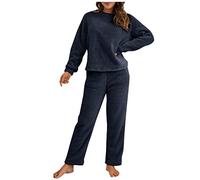 Schlafanzug Pyjama,Damen Winter Warme Fleece Schlafanzug Flauschig Rundhals Sweatshirt Oberteile Einfarbig Plüsche Hose Pyjamas Set,Schlafen Nachtwäsche Zweiteilig mit Taschen,Winter Warm Anzug Set
