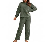 Schlafanzug Pyjama,Damen Winter Warme Fleece Schlafanzug Flauschig Rundhals Sweatshirt Oberteile Einfarbig Plüsche Hose Pyjamas Set,Schlafen Nachtwäsche Zweiteilig mit Taschen,Winter Warm Anzug Set