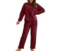 Schlafanzug Pyjama,Damen Winter Warme Fleece Schlafanzug Flauschig Rundhals Sweatshirt Oberteile Einfarbig Plüsche Hose Pyjamas Set,Schlafen Nachtwäsche Zweiteilig mit Taschen,Winter Warm Anzug Set