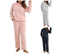 Schlafanzug Pyjama,Damen Winter Warme Fleece Schlafanzug Flauschig Rundhals Sweatshirt Oberteile Einfarbig Plüsche Hose Pyjamas Set,Schlafen Nachtwäsche Zweiteilig mit Taschen,Winter Warm Anzug Set