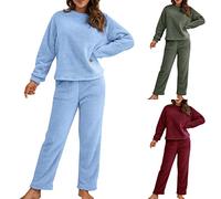 Schlafanzug Pyjama,Damen Winter Warme Fleece Schlafanzug Flauschig Rundhals Sweatshirt Oberteile Einfarbig Plüsche Hose Pyjamas Set,Schlafen Nachtwäsche Zweiteilig mit Taschen,Winter Warm Anzug Set