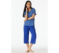 Schlafanzug SCHIESSER "Casual Essentials", Damen, Gr. 42, 819, blau, Single Jersey, Obermaterial: 100% Baumwolle, regular fit 3/4-Länge, V-Ausschnitt, Homewear-Sets Schlafanzug, mit modisch umgeschlag