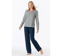 Schlafanzug SCHIESSER "Casual Essentials", Damen, Gr. 42, blau (114, weiß), Single Jersey, Obermaterial: 100% Baumwolle, bequem lang, V-Ausschnitt, Homewear-Sets Schlafanzug, Baumwolle, V-Ausschnitt,