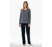 Schlafanzug SCHIESSER "Casual Essentials", Damen, Gr. 44, blau (804, nachtblau), Single Jersey, Obermaterial: 100% Baumwolle, gestreift, unifarben, bequem lang, V-Ausschnitt, Homewear-Sets Schlafanzug