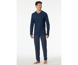 Schlafanzug SCHIESSER "Casual Essentials", Herren, Gr. 110, blau (801, admiral), Single Jersey, Obermaterial: 100% Baumwolle, gemustert, unifarben, lang, V-Ausschnitt, Homewear-Sets Schlafanzug, mit V