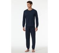 Schlafanzug SCHIESSER "Comfort Essentials", Damen, Gr. 106, blau (803, dunkelblau), Single Jersey, Obermaterial: 100% Baumwolle, gestreift, unifarben, regular fit lang, Rundhals, Homewear-Sets Schlafa