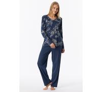 Schlafanzug SCHIESSER "Comfort Essentials", Damen, Gr. 46, blau (801, admiral), Single Jersey, Obermaterial: 100% Baumwolle, bequem lang, V-Ausschnitt, Homewear-Sets Schlafanzug, V-Ausschnitt, Baumwol