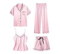 Schlafanzug Set Damen 4 Teilig - Nachtwäsche Satin Pyjama Schlafanzüge Frauen Nachthemd Sommer Bademantel Negligee Hausanzug Mit Knöpfen Kurzarmshirt + Sexy Top + Baggy Hose + Kurz Short