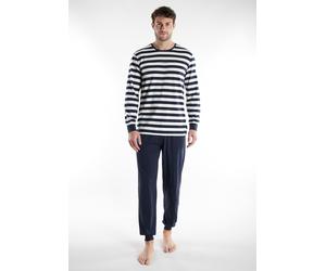 Schlafanzug TOM TAILOR "Milos", Herren, Gr. 48S, blau (blau, mittel, ringel), Obermaterial: 100% Baumwolle, gestreift, bequem normal, Rundhals, breiter Bund, Homewear-Sets Schlafanzug, Langarm, Rundha