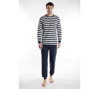 Schlafanzug TOM TAILOR "Milos", Herren, Gr. 58 (XXXL), blau (blau, mittel, ringel), Obermaterial: 100% Baumwolle, gestreift, bequem normal, Rundhals, breiter Bund, Homewear-Sets Schlafanzug, Langarm,