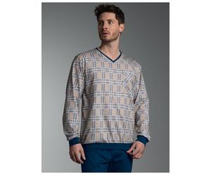 Schlafanzug TRIGEMA "TRIGEMA Pyjama Langarmshirt mit Karo-Muster", Herren, Gr. XL, night, blau, Single Jersey, 100% Baumwolle, V-Ausschnitt, Homewear-Sets Schlafanzug (48545058-XL) night, blau