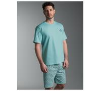 Schlafanzug TRIGEMA "TRIGEMA Pyjama mit Print-Motiv "Äffchen", Damen, Gr. 3XL, gletscher, Single Jersey, 100% Baumwolle, Rundhals, Homewear-Sets Schlafanzug (73202029-XXXL) gletscher