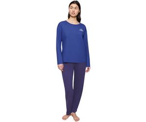 Schlafanzug TRIUMPH, Damen, Gr. 44, blau (blau, schwarz), Single Jersey, Obermaterial: 100% Baumwolle, bequem lang, Rundhals, Homewear-Sets Schlafanzug, Blumenstickerei, Brusttasche, Rundhalsausschnit