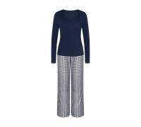 Schlafanzug TRIUMPH "Elevated Sets PK LSL 01", Damen, Gr. 40, blau (blau, schwarz combination), Jersey, Obermaterial: 100% Baumwolle, lang, tiefer V-Ausschnitt, Homewear-Sets Schlafanzug (67177208-40)