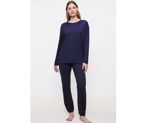 Schlafanzug TRIUMPH "Endless Comfort PK 01 LSL", Damen, Gr. 46, blau (blau, schwarz combination), Single Jersey, Obermaterial: 50% Baumwolle, 50% Modal, bequem lang, Rundhals, Homewear-Sets Schlafanzu
