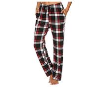 Schlafanzughose Damen Kariert - Schlafanzug Hose Damen Lang- Karierte Pyjamahose Damen Haushose mit Gummizug Lässig Locker Weites Bein Straight Leg Freizeithose Baumwolle Lange Hosen für Frauen