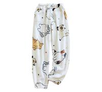 Schlafanzughose Damen Lang Flanell Pyjamahose mit Cartoon-Print Schlafhose Winter Warme Haushose Weich Stoffhose Elastische Taille Freizeithose Baggy Comfort Sleepwear Homewear Herbst Thermohose
