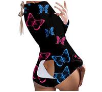 Schlafoverall Damen Ohne Kapuze Einteiler Pyjama Schmetterlings Druck Onesie Shorts Schlafanzug Sexy Große Größen Mit Geknöpfter Klappe Pajamas Langarm V-Ausschnitt Playsuit Nachtwäsche