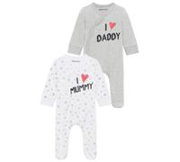 Schlafoverall KIDSWORLD "2er Schlafoveralls: I love Mummy / I love Daddy", Jungen, Gr. 50/56, N-Gr, grau (weiß, grau, meliert), Interlock, Obermaterial: 100% Baumwolle, bedruckt, Basic, Basic, Rundhal