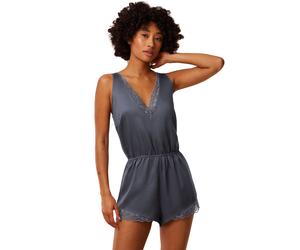 Schlafoverall TRIUMPH "Silky Sensuality Romper", Damen, Gr. 44, N-Gr, grau (pebble grau), Satin, Obermaterial: 100% Lyocell. Spitze: 88% Polyamid, 12% Elasthan, glänzend, unifarben, bequem kurz, Rücke