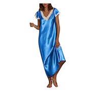 Schlafshirt Damen Langarm Damen Kurzarm V-Ausschnitt Homewear Pyjamas Langes Kleid Nachthemden Nachtwäsche Sexy Nachtkleid Damen Nachthemd Damen Sexy Satin (Green, XXXXXL)