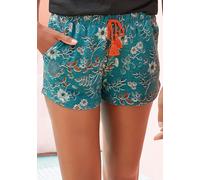 Schlafshorts LASCANA, Damen, Gr. 32/34, N-Gr, blau (rauchblau), Single Jersey, Obermaterial: 60% Polyester, 36% Viskose, 4% Elasthan, geblümt, bequem kurz, Hosen, im Blumen Allover-Druck (62429308-32)