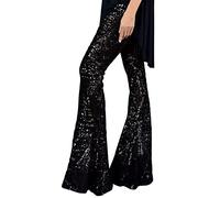 Schlaghose Damen 70Er Glitzer-Hose Lang Party Glitzer Silber Freizeithose Elegant Damen-Hosen Vintage Tanzhose Stretch Stoffhose Leicht Sommerhose Weite Bein Palazzo Hosen Disco