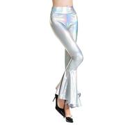 Schlaghose Damen 70er High Waist Leder Lack Wetlook Glitzer Metallic Locker Bootleg Baggy Skinny Elegant Flare Marlenehose Meerjungfrau Weite Hose Freizeithose Disco 80er Jahre Kleidung Weiß XXL