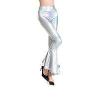 Schlaghose Damen 70Er Metallic Leggings Silber-Glitzer-Hose Schwarz Damen Party Glänzende-Hosen Lang Vintage Tanzhosen Stretch Schlaghosen Pailletten Hose Wide Leg Disco Kunstlederhose