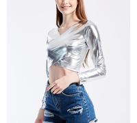 Schlankes Damen-Crop-Top aus Kunstleder mit V-Ausschnitt und langen Ärmeln für Veranstaltungen (XXL Silber)