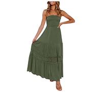 Schlauchkleid Damen Sexy einfarbiges Bandeau Kleid Ärmelloses schulterfreies knöchellanges langes Maxikleid Gesmoktes gestuftes Faltenkleid A-Linie Kleider Sommerkleid mit Rüschensaum Für Frauen