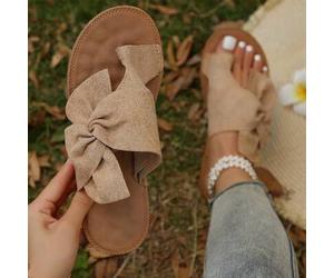 Schleifen-Dekor Damen Slip-On Pantoffeln, Veloursleder Zehenteiler Lässig Fischer-Stil Strandschuhe, elegant, bequem und vielseitig flache Slides, Frü