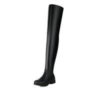 Schlichte, einfarbige Overknee-Stiefel für Damen aus PU-Leder mit niedrigem Blockabsatz, runder Zehenpartie und Stretch-Schaft - lässige Modeschuhe für den Alltag und Jede Jahreszeit