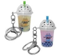 Schlüsselanhänger 2 Stück Kreativer Katzen-Bubble-Milchtee-Treibsand-Schlüsselanhänger, Süßes Mädchen-Taschenzubehör