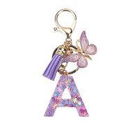 Schlüsselanhänger für Damen Mädchen Schlüsselringe Anfänglicher Schlüsselbänder Schlüsselbundbuchstabe mit Quaste Schmetterling Pailletten für Handtaschen Handytaschen Rucksack Anhänger Charm lila A