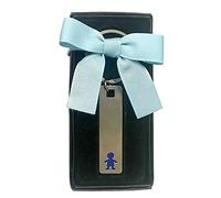 Schlüsselanhänger für Kinder, Blau, personalisierbar, Name und Datum des Ereignisses, mit Schleife in Rosa, 15 Stück