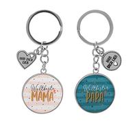 Schlüsselanhänger für zwei, "Weltbeste Mama - Weltbester Papa": Zwei Schlüsselanhänger mit Metallcharms und Motivdruck