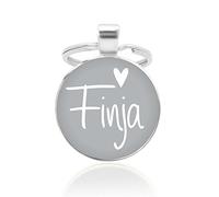 Schlüsselanhänger - hellgrau, 25mm, Cabochon mit Wunschtext und Herz-Motiv - Individuell Geschenkidee Anhänger für Freunde Partner Personalisiert versilberte Fassung