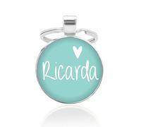Schlüsselanhänger - Mint, 25mm, Cabochon mit Wunschtext und Herz-Motiv - Individuell Geschenkidee Anhänger für Freunde Partner Personalisiert versilberte Fassung