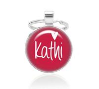 Schlüsselanhänger mit Wunschtext - rot, 25mm Cabochon mit versilberter Fassung und Herz-Motiv, Partner-Anhänger mit Gravur, auch ideal als Taschenanhänger, Mode-Schmuck von KT-Schmuckdesign
